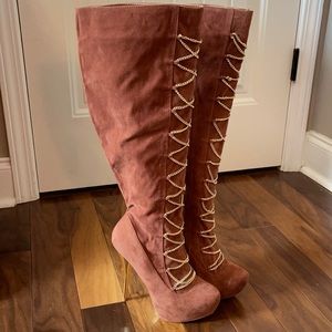 Camel Brown chain laced knee high boots